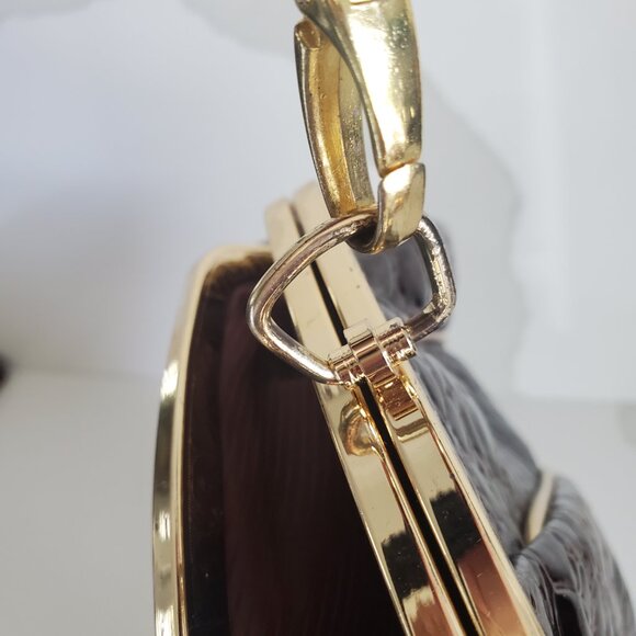 Vintage Brown Croc Evening Bag Clutch Bejewelled Clasp Optional Long Strap - Picture 9 of 12